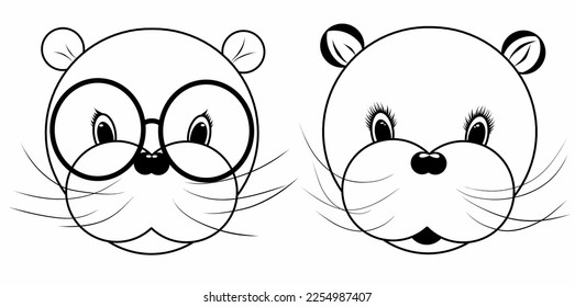 Set girl and boy face otter. Decorative background with cute otter head. Line drawing. Black and white illustration. Vector.