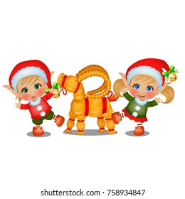 Set of girl and boy Santa's helpers with straw sheep isolated on white background. The attributes of Christmas and New year.  Vector cartoon close-up illustration.