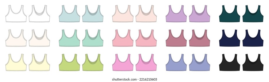 Set of girl bra technical sketch illustration. Casual underclothing multicolored collection. Women's yoga underwear design template bundle. Front and back views. Vector design