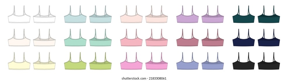 Set of girl bralette technical sketch illustration. Women's top bra with straps underwear design template collection. Casual underclothing. Front and back views. Vector CAD design