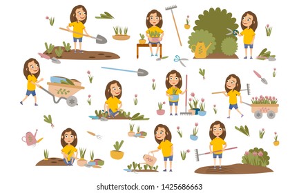 Set girl with brown hair gardening plants, weed beds, watering seedlings, pruning bushes and trees, working in the garden. People and garden tools. Vector illustration