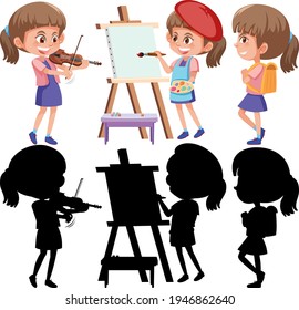 Set of a girl cartoon character doing different activities with its silhouette illustration