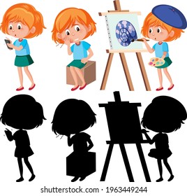 Set of a girl cartoon character doing different activities with its silhouette illustration