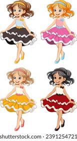 Un grupo de personajes de dibujos animados de chicas vestidos como princesas para una fiesta de fantasía