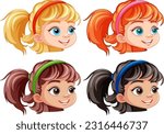 Set of girl cartoon head different hair colour illustration