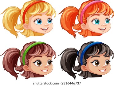 Set of girl cartoon head different hair colour illustration