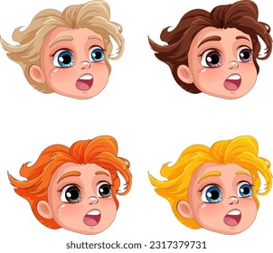 Set of girl cartoon head different hair colour illustration