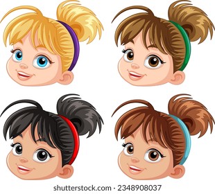 Set of girl cartoon head different hair colour illustration
