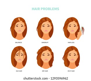 Set girl character with different hair problems. Baldness, dandruff, hair loss. Vector illustration