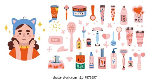 Set of girl and cosmetic products and tools for face and body skin care. Everyday beauty routine, self love and self care concept. Cartoon style, trendy modern flat vector illustration.