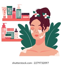 Set of girl and cosmetic products and tools for face and body skin care. Everyday beauty routine, self love and self care concept. Cartoon style, trendy modern flat vector illustration.self care