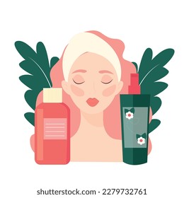 Set of girl and cosmetic products and tools for face and body skin care. Everyday beauty routine, self love and self care concept. self care