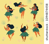 Set of girl in dance and sing with ukulele positions. Beautiful graceful Hawaiian plus size girl dancing hula in traditional costume. Garland and green skirt wearings. Vector cartoon illustration