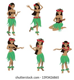 Set of girl in dance and sing with ukulele positions. Beautiful graceful Hawaiian girl dancing hula in traditional costume. Garland and green skirt wearings. Vector cartoon image.