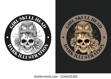 Set Girl Dark illustration Skull Bones Head Hand drawn Hatching Outline Style Mystical Celestial Symbol Tattoo Merchandise T-shirt Merch vintage