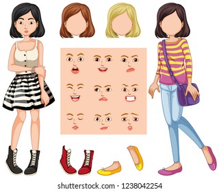 Set of girl with different facial expression illustration