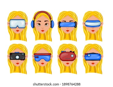 Set with a girl in different glasses of virtual reality. Cartoon style. Vector illustration