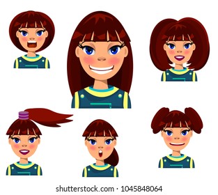 set, girl with different hairstyles,flat portrait of a strict girl in an office style, avatar, icon, fashion girl, brunette, character for the site, secretary