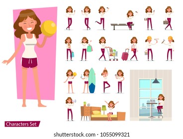 set of girl different lifestyle activities character vector design