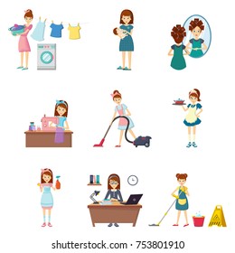 Set of girl in different situations. Girl engaged in washing clothes, feeding child, beauty, sewing dress, removing dust, working in the cabinet of the office. Cartoon character. Vector illustration.