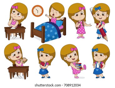 Set of a girl doing activities in one day [think,wake up,holding a big pencil,eat sandwich,holding a book]. Vector and illustration.