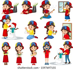 Set of girl doing different activities on isolated background illustration