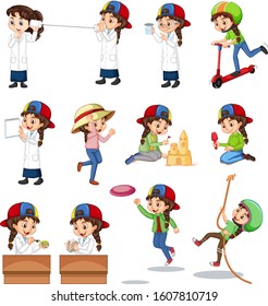Set of girl doing many activities on white background illustration