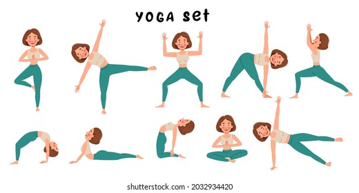 A set of a Girl doing yoga. Slender girl in various poses on a white background.