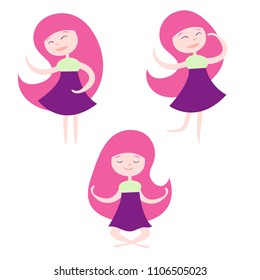 Set girl dressed in a dress with a variety of emotions and poses. Dancing, meditation and happy cartoon girl. Vector illustration in flat. For greeting card, poster, web, site, banner, sticker