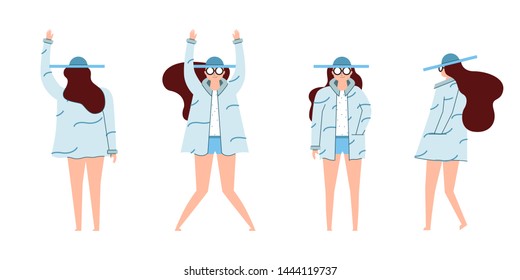 Set girl dressed in a dress with a variety of emotions and poses. Vector illustration,Different people characters,Appearance of modern society,desain flat,vektor.