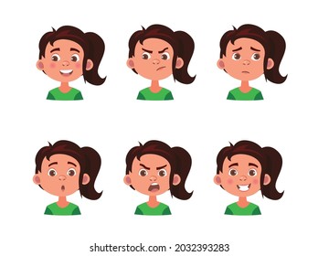 Set Of Girl Emotions. Teen Facial Expression. Cartoon Girl Avatar. Vector Illustration Of Cartoon Girl Character