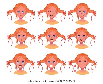 Set of girl emotions.Isolated girl avatars with different facial expressions. 