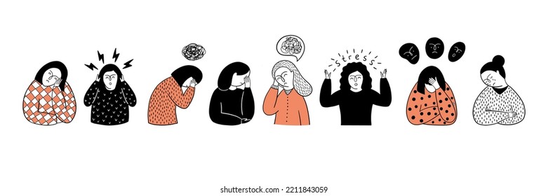  A set of a girl experiencing different emotions such as fear, sadness, depression, stress. Cyberbullying concept. Vector hand-drawn illustration.