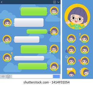 A set of girl with expresses various emotions on the SNS window.There are variations of emotions such as joy and sadness.It's vector art so it's easy to edit.
