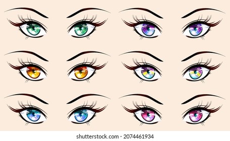 Set girl eyes in manga style. Vector image of eyes and eyebrows, separated from background.