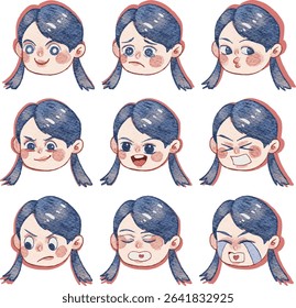 Set of Girl faces Cute Expressions