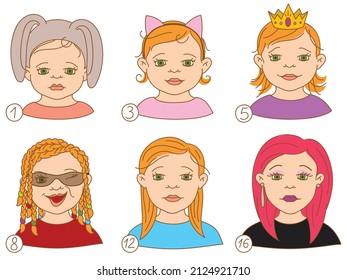 Set of girl faces in different ages and looks