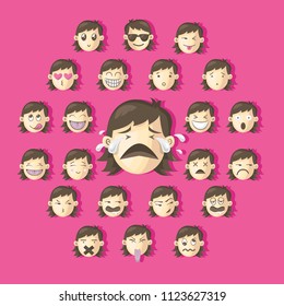 Set of girl faces showing different emotions. kids illustration series