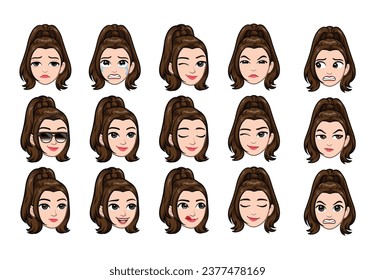 Set of girl facial different expressions. Female emoji character with different emotions. Woman emotions and body language concept illustration in vector cartoon style.