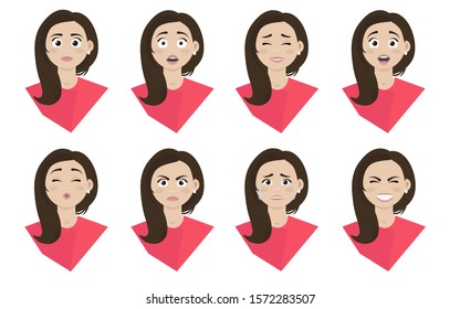 Set of girl facial emotions. Different female emotions set. Woman emoji character with different expressions. Sadness, laugh, tears, joy, surprise and other emotions.