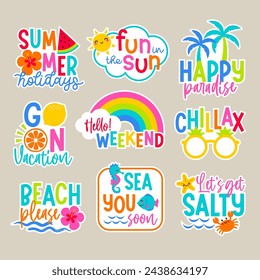 Set of girl fashion patches, colorful cute cartoon badges, fun stickers design for summer holidays concept.