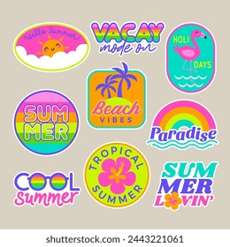 Set of girl fashion patches, colorful cute cartoon badges, fun stickers design for summer holidays concept.