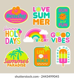 Set of girl fashion patches, colorful cute cartoon badges, fun stickers design for summer holidays concept.