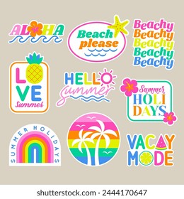 Set of girl fashion patches, colorful cute cartoon badges, fun stickers design for summer holidays concept.