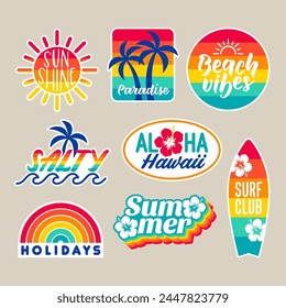 Set of girl fashion patches, colorful fun stickers design for summer holidays concept.