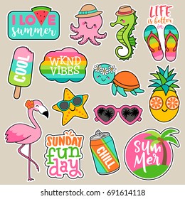 Set of girl fashion patches, colorful cute cartoon badges, fun stickers design vector
in summer holidays concept