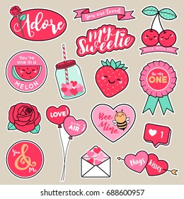 Set of girl fashion patches, cute cartoon badges, fun stickers design vector
in romantic love concept