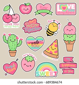 Set Of Girl Fashion Patches, Cute Cartoon Badges, Fun Stickers Design. Vector For Romantic, Love Concept