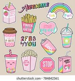 Set of girl fashion patches, cute cartoon food badges, fun stickers design vector
in teenager girls concept
