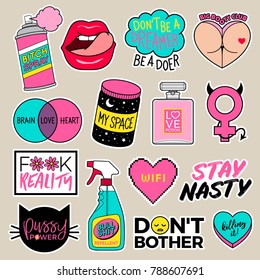 Set of girl fashion patches, cute cartoon badges, fun stickers design vector
for teenage girls